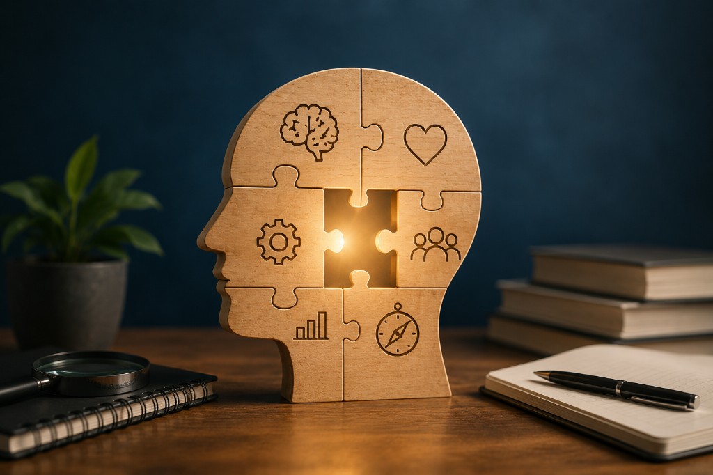 Tête en puzzle de bois symbolisant le cerveau, les émotions, la cognition et les dimensions du fonctionnement humain